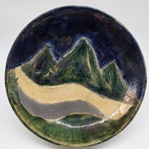 Raku Ceramic Decorative Plate Mountain Landscape Design 11" Blue Green Beige
